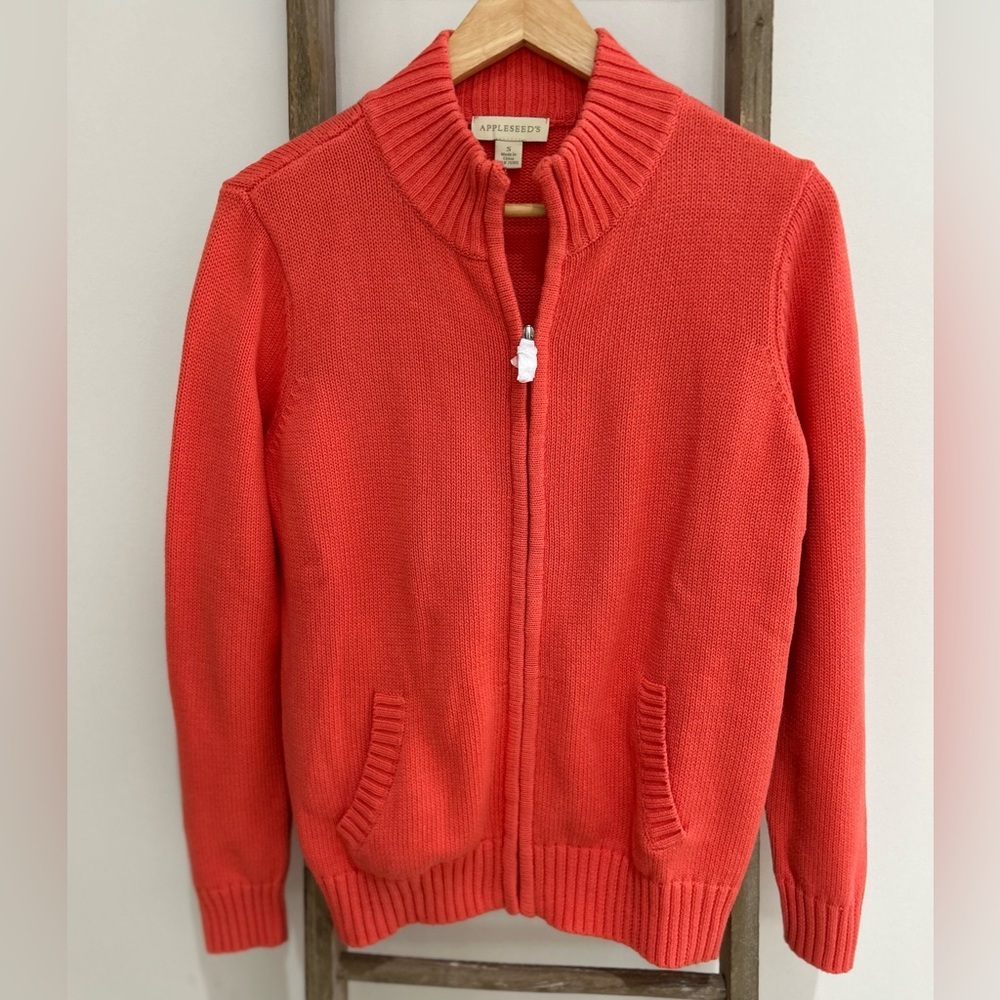 Appleseed's Zip Up Knit Cardigan Coral Crew Neck Pockets Women’s S NWOT
